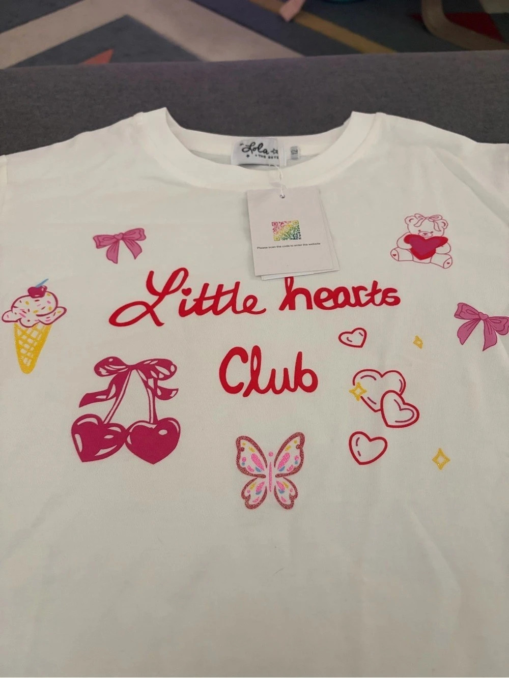 Lola & The Boys Little Hearts Club Tee Girls Size 12 White Graphic Tee NWT